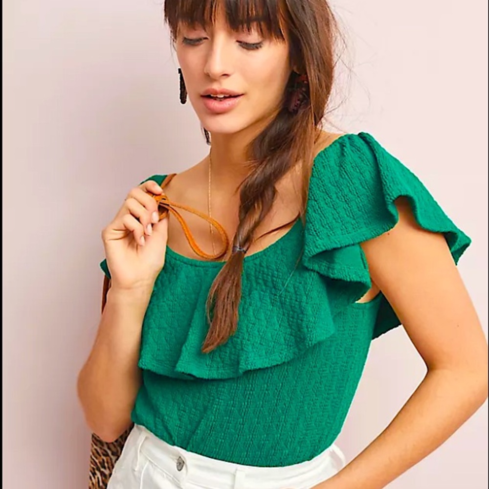 Anthropologie Green Textured Off The Shoulder Short Sleeve Top Cotton Women’s XS